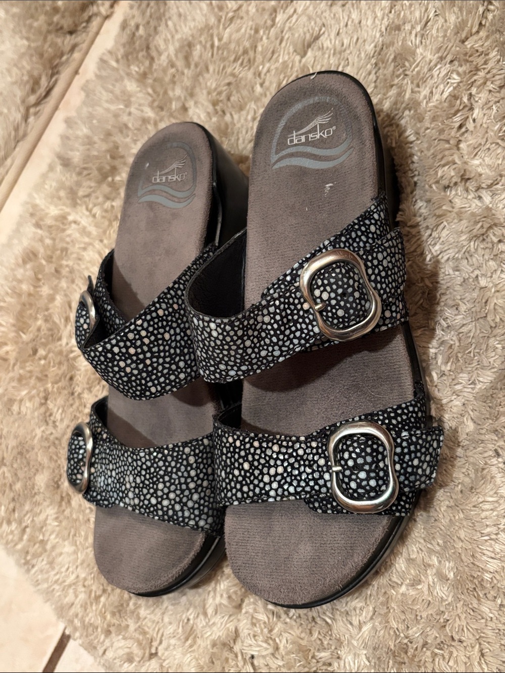 Dansko Black and White Speckled Double-Buckle Slide Sandals 36 6